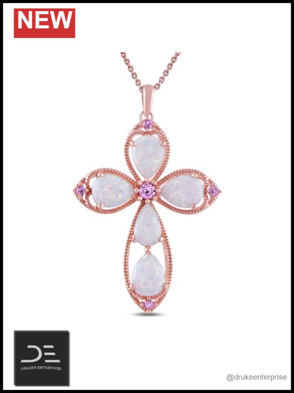 Rose 14K Gold over Sterling Silver Cross Pendant Necklace with Opal and Pink